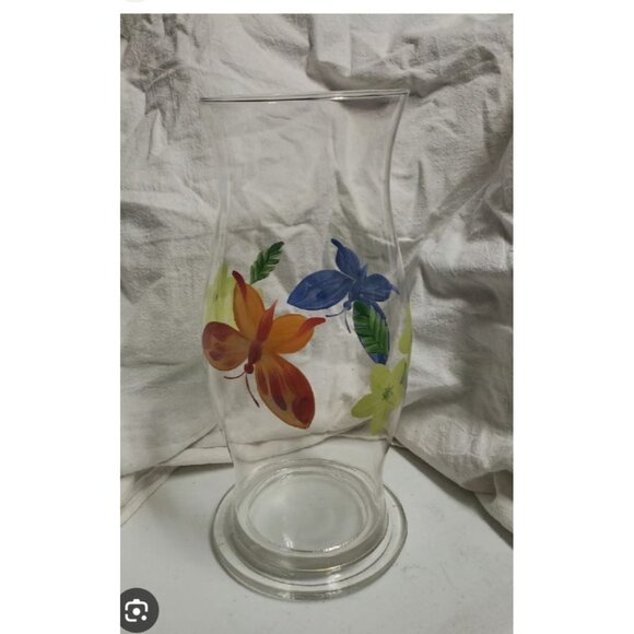 Hand Painted Glass Hurricane Candle Holder with Butterflies & Flowers 11" H - Picture 11 of 11